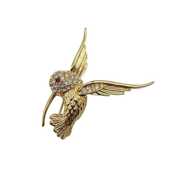 Vintage Hummingbird Brooch Pin Rhinestones Clear Red Crystal Gold Tone 1.75x1.5" - Picture 12 of 12